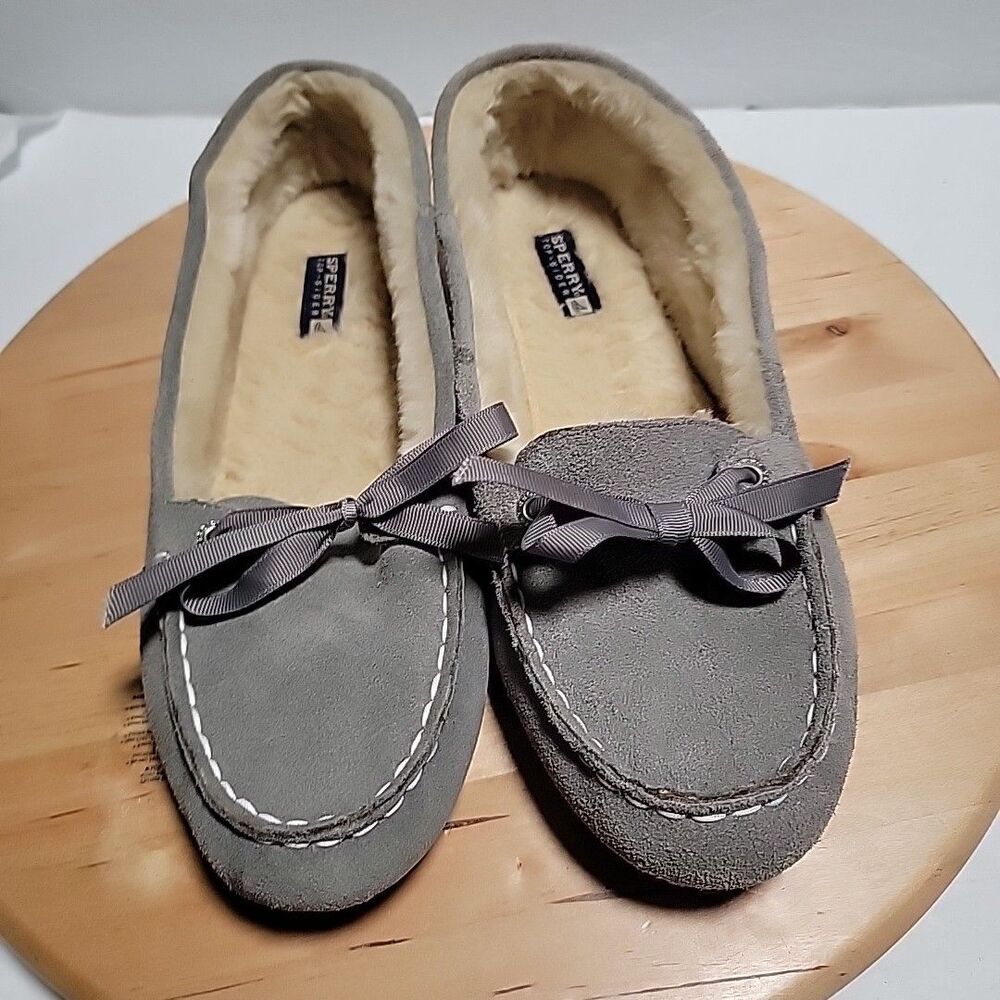 Sperry Molly Gray Suede Faux-Fur Lined Moc Boat Shoes Size 11M